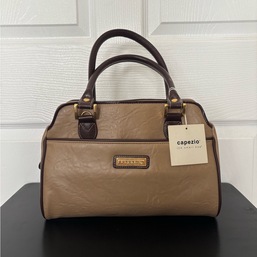 Vintage Capezio Faux Leather Satchel Top Handle Carryall/Crossbody Beige & Brown